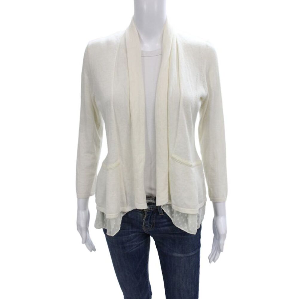 Angel Of The North Womens Cardigan Ivory Polka Dot V-Neck 3/4 Sleeve Size S